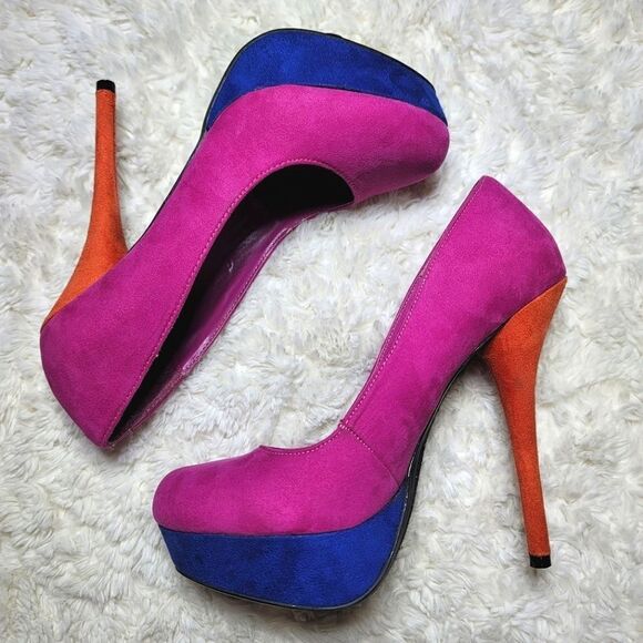 Heart in D Multicolor Platform Stiletto Suede Heels - Pink, Blue & Orange - Picture 2 of 8